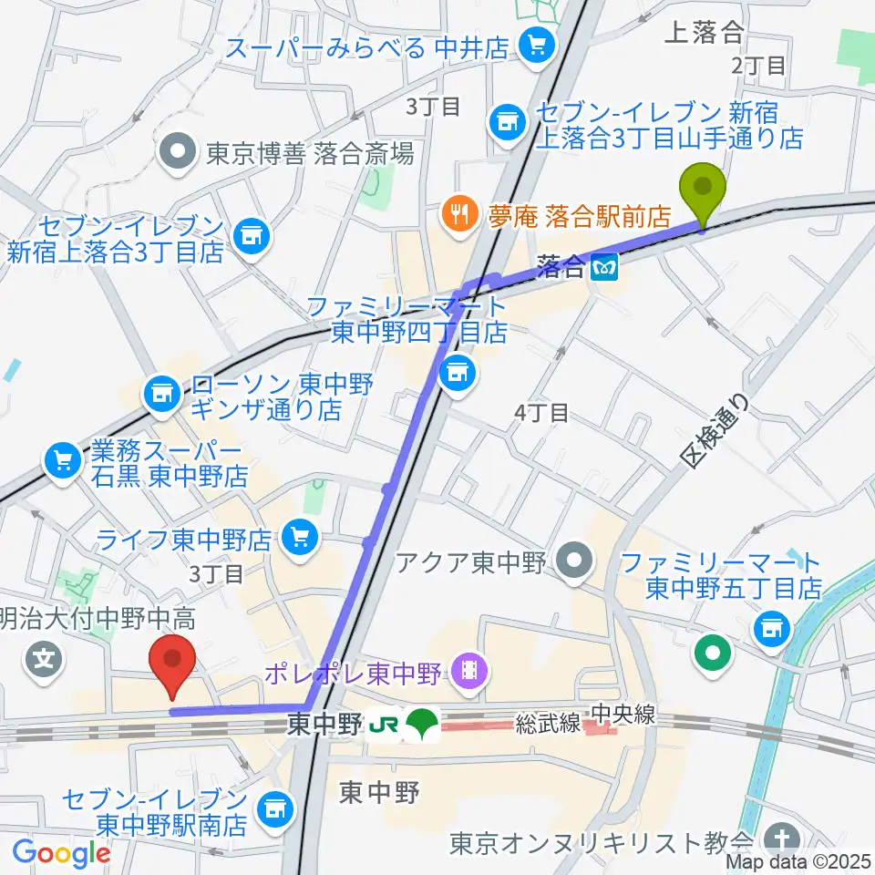 落合駅から東中野カフェ・ド・リヨンへのルートマップ地図