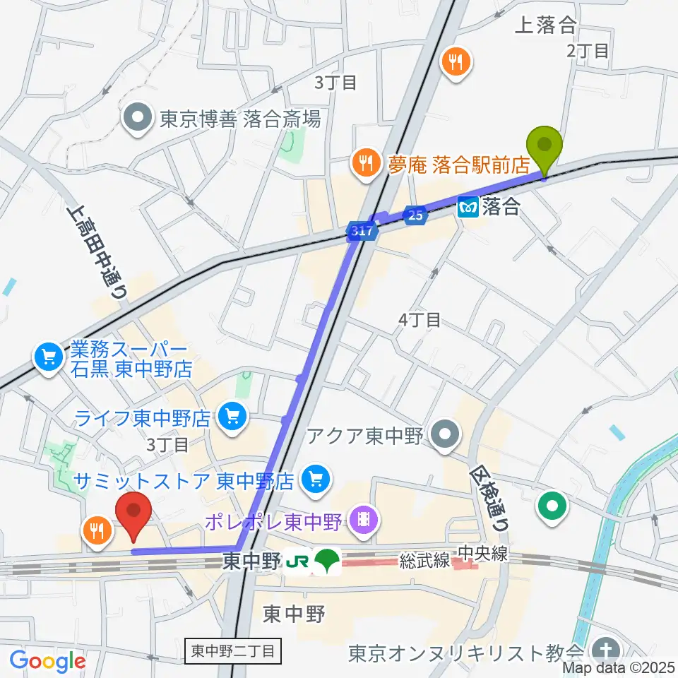 落合駅から東中野カフェ・ド・リヨンへのルートマップ地図