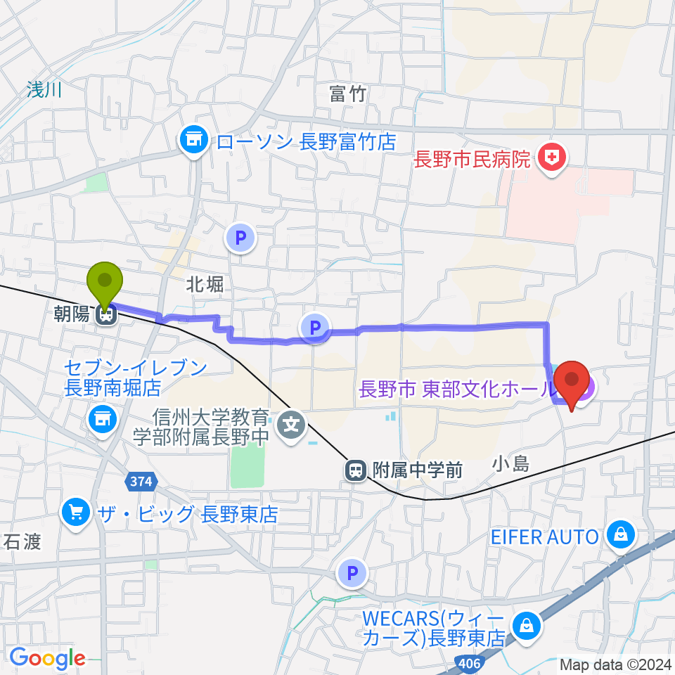 朝陽駅から長野市東部文化ホールへのルートマップ地図