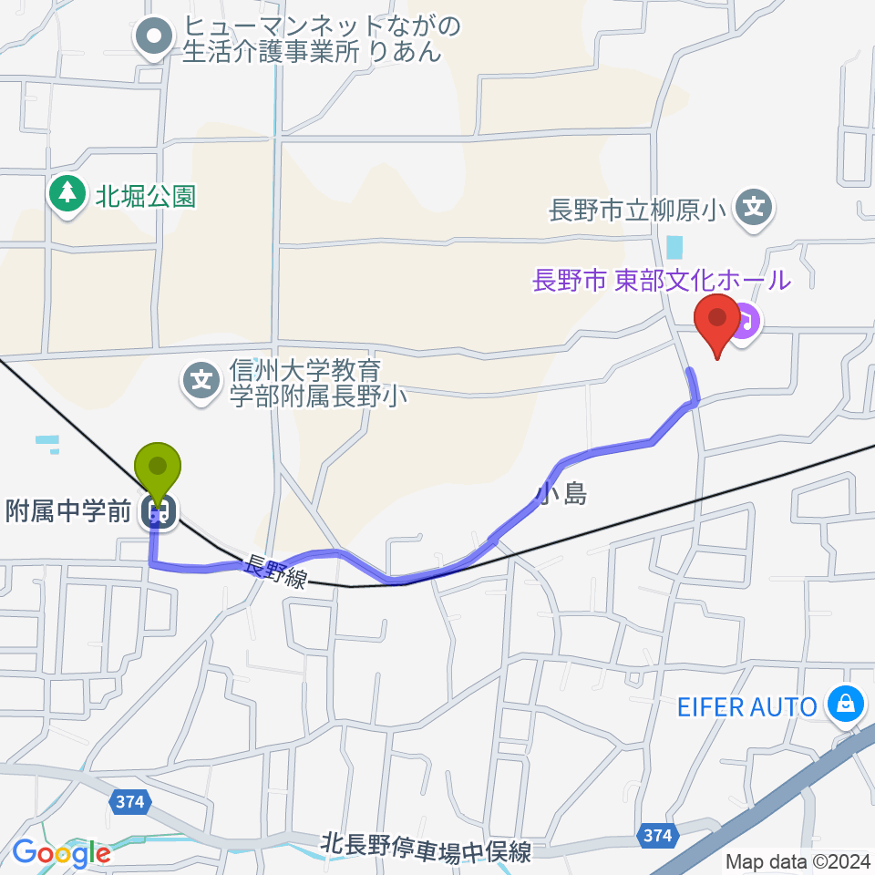 附属中学前駅から長野市東部文化ホールへのルートマップ地図