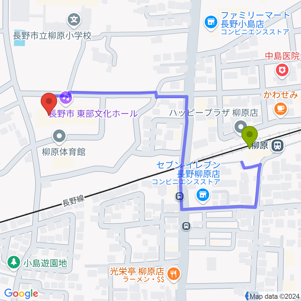 長野市東部文化ホールの最寄駅柳原駅からの徒歩ルート（約5分）地図