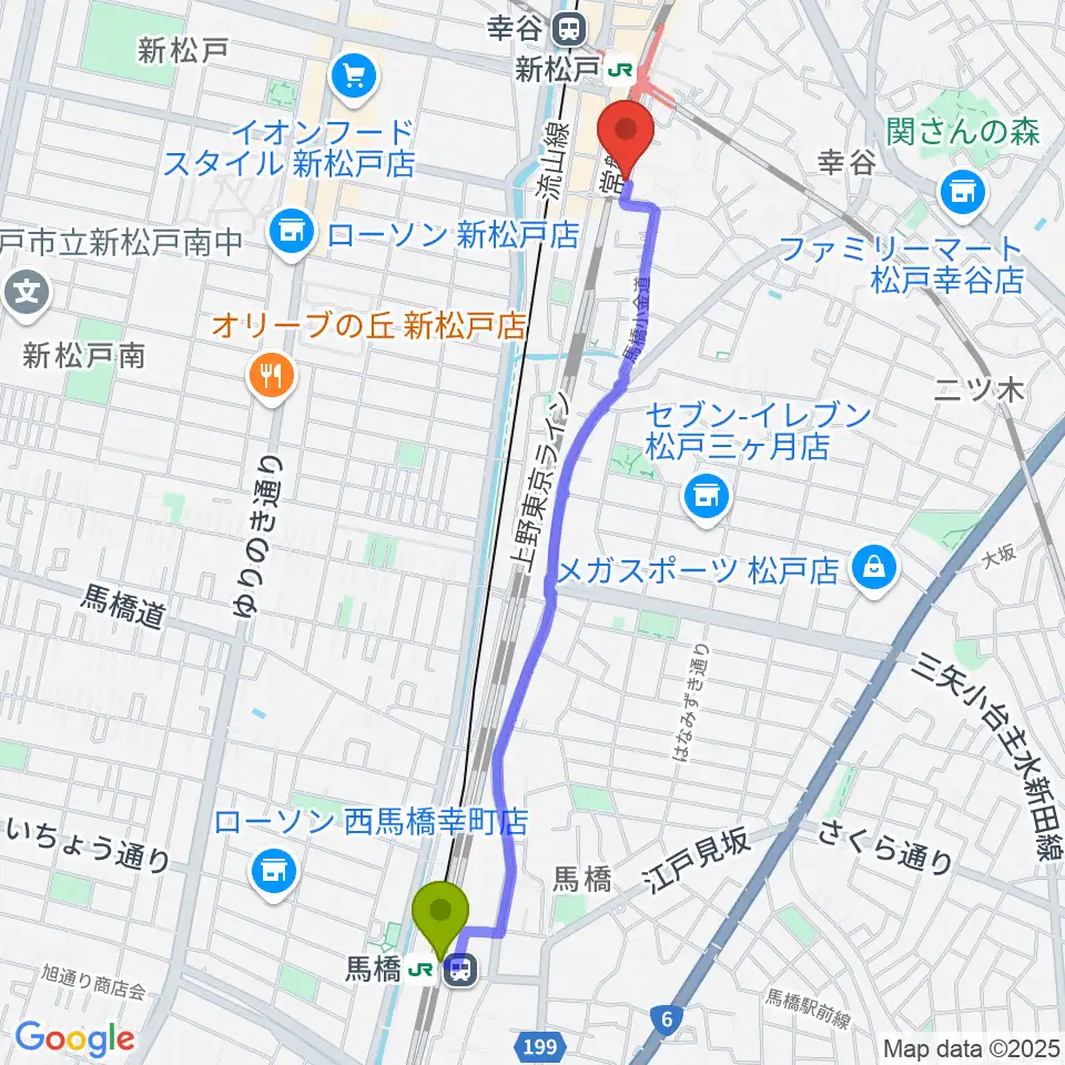 馬橋駅からラピス音楽教室へのルートマップ地図