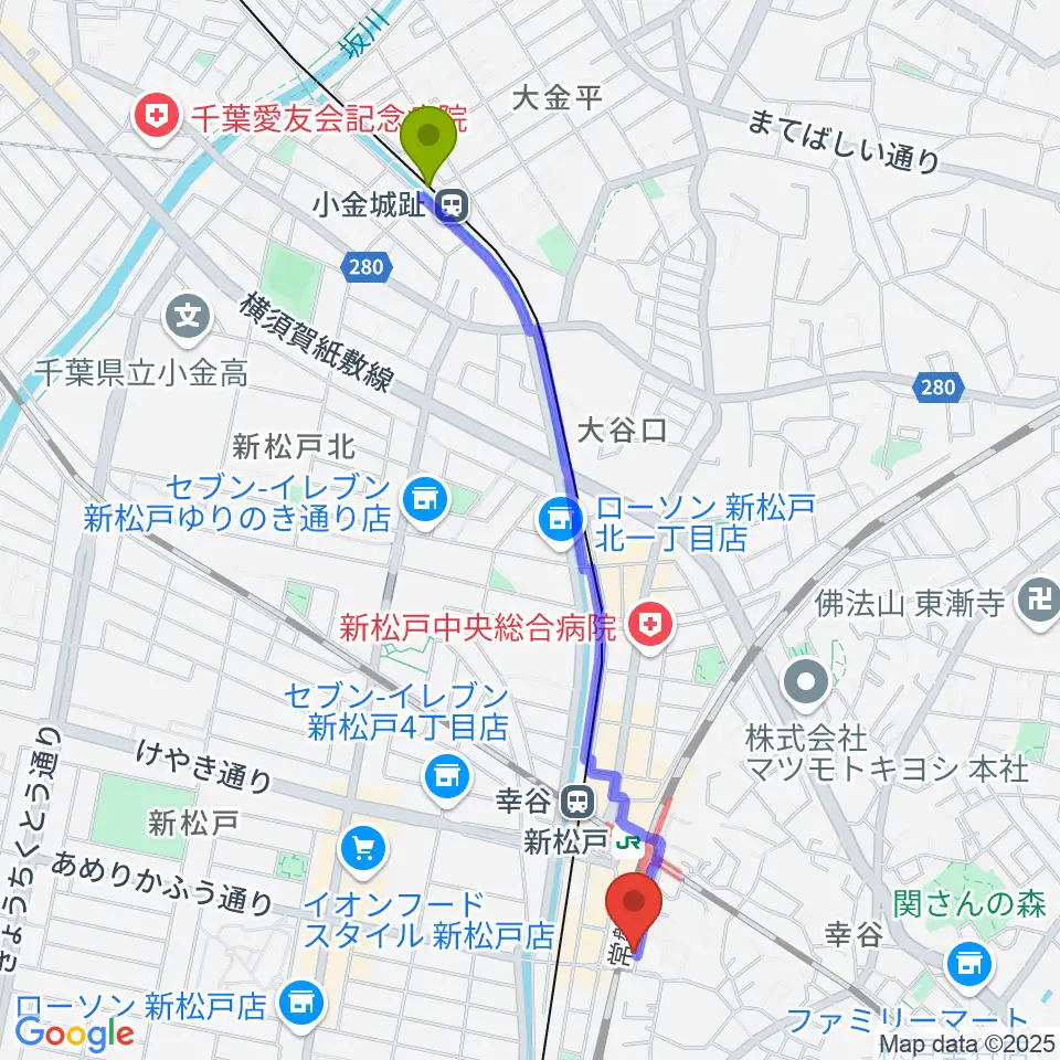 小金城趾駅からラピス音楽教室へのルートマップ地図