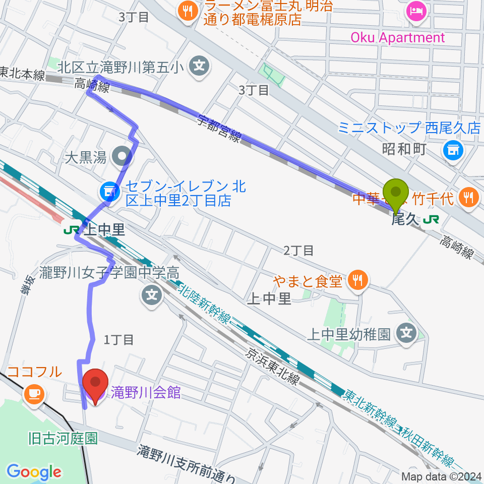 尾久駅から滝野川会館へのルートマップ地図