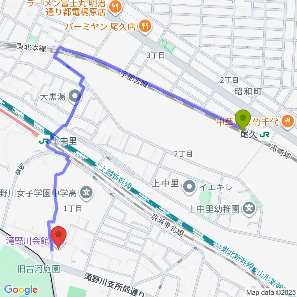 尾久駅から滝野川会館へのルートマップ地図