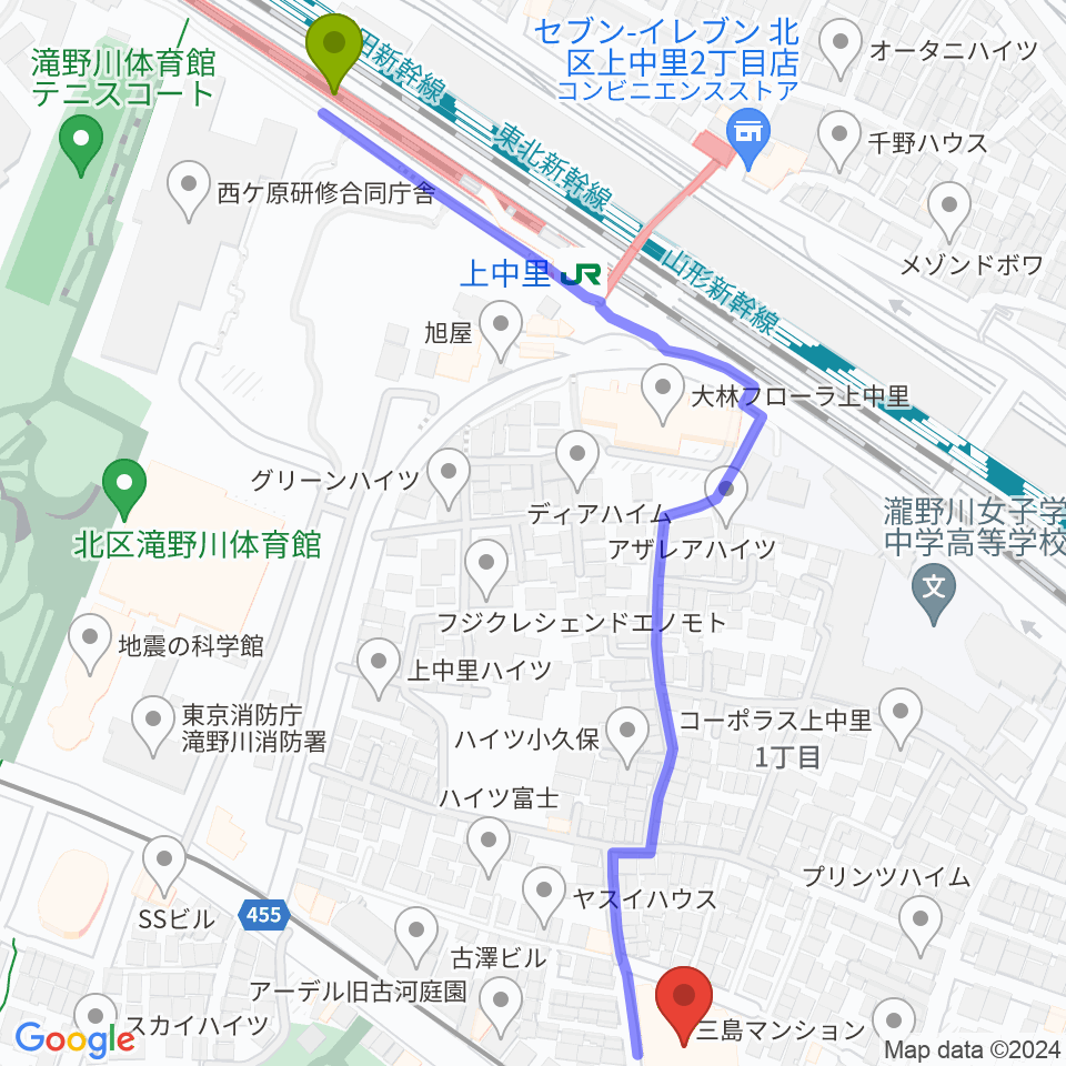滝野川会館の最寄駅上中里駅からの徒歩ルート（約7分）地図