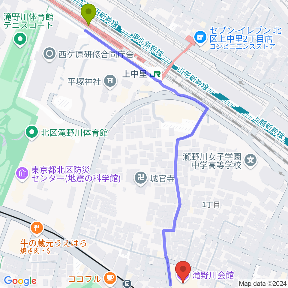 滝野川会館の最寄駅上中里駅からの徒歩ルート（約7分）地図