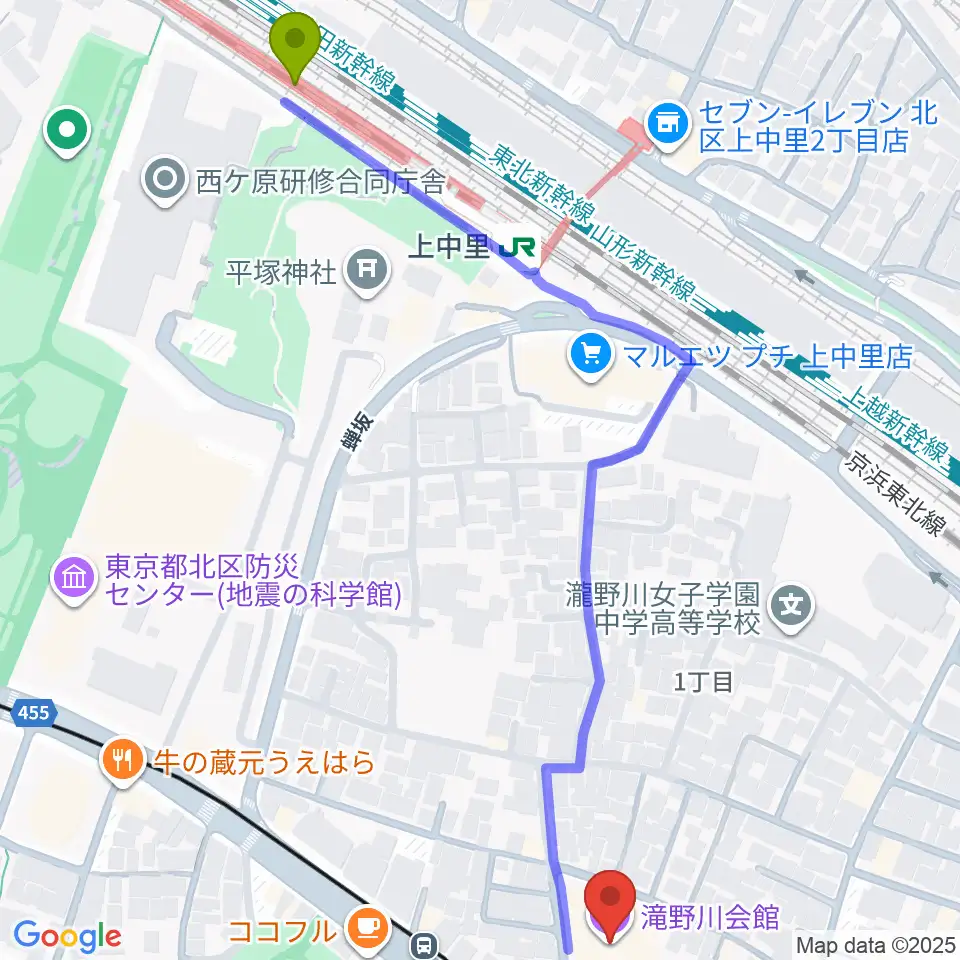 滝野川会館の最寄駅上中里駅からの徒歩ルート（約7分）地図