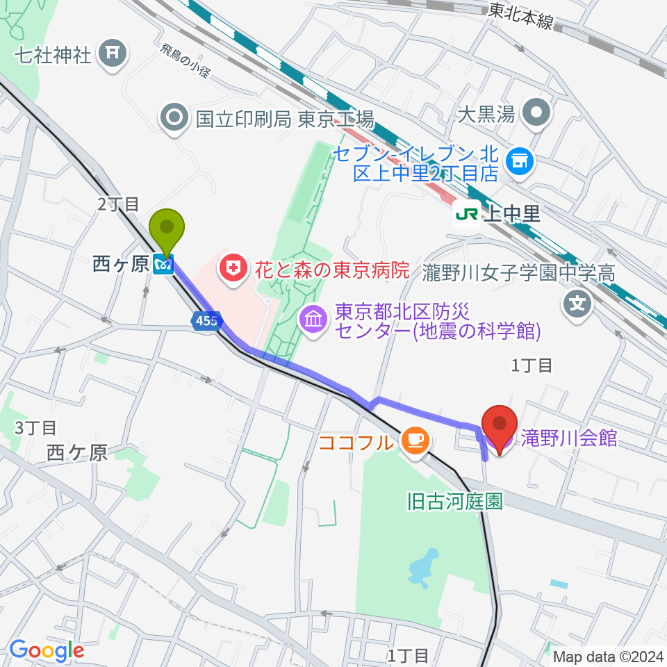 西ケ原駅から滝野川会館へのルートマップ地図