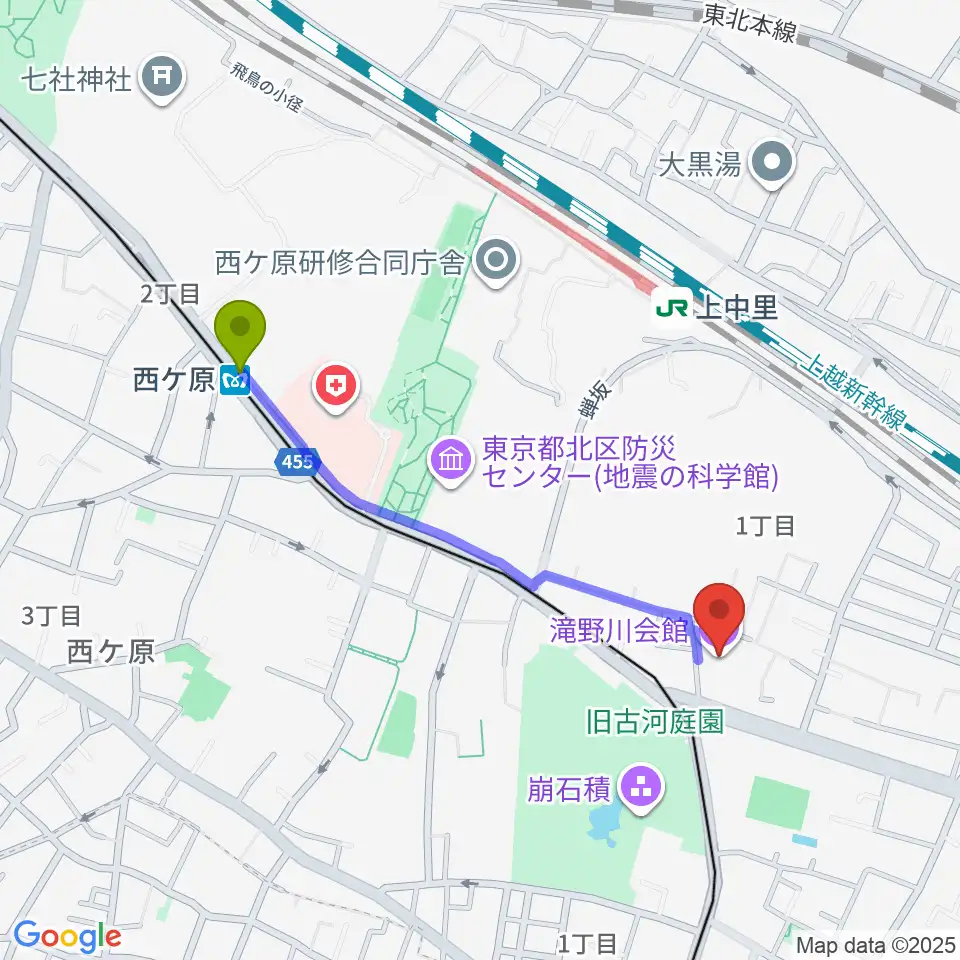 西ケ原駅から滝野川会館へのルートマップ地図