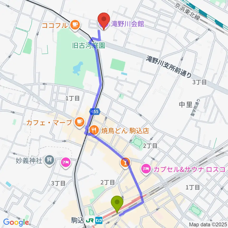 駒込駅から滝野川会館 音楽スタジオへのルートマップ地図