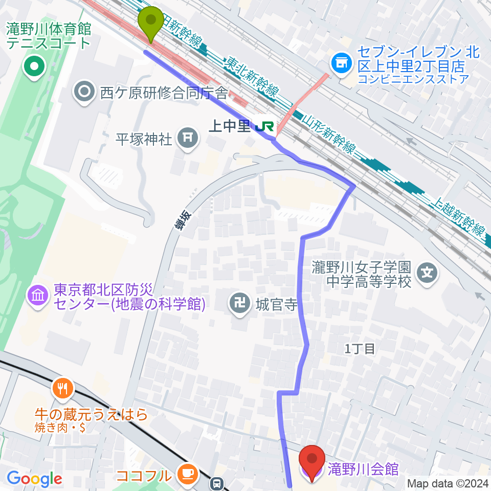 滝野川会館 音楽スタジオの最寄駅上中里駅からの徒歩ルート（約7分）地図