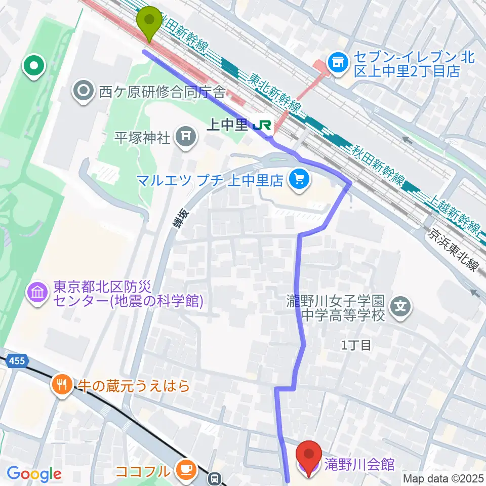 滝野川会館 音楽スタジオの最寄駅上中里駅からの徒歩ルート（約7分）地図