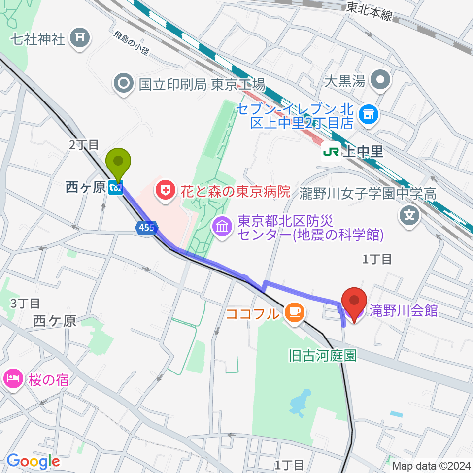 西ケ原駅から滝野川会館 音楽スタジオへのルートマップ地図