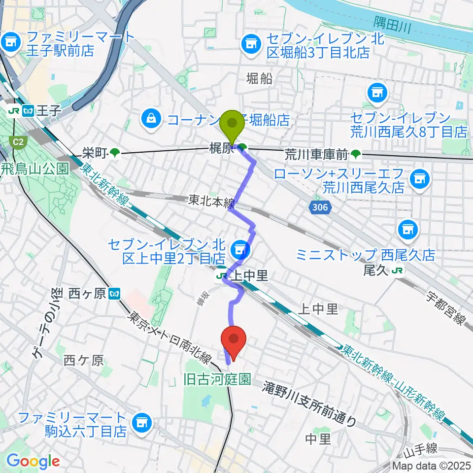 梶原駅から滝野川会館 音楽スタジオへのルートマップ地図