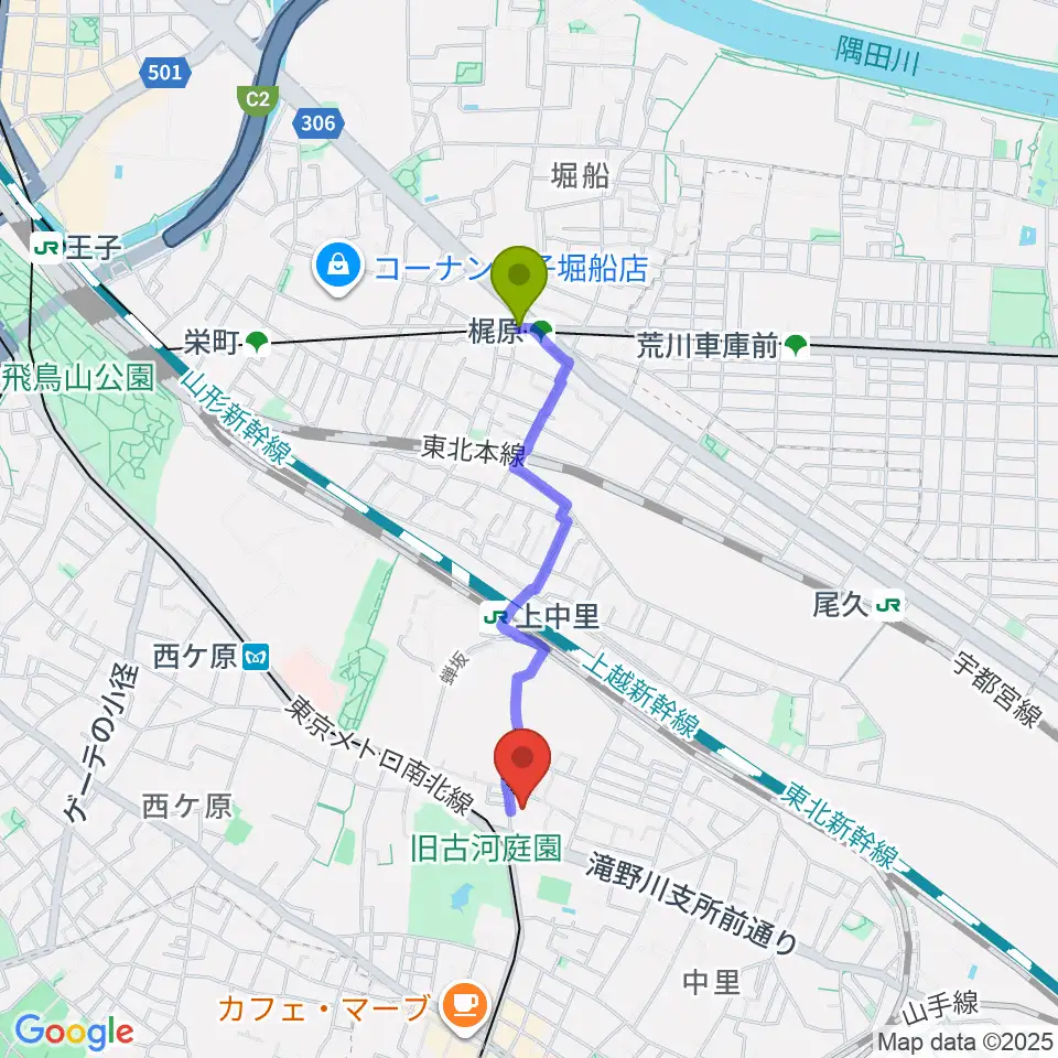 梶原駅から滝野川会館 音楽スタジオへのルートマップ地図