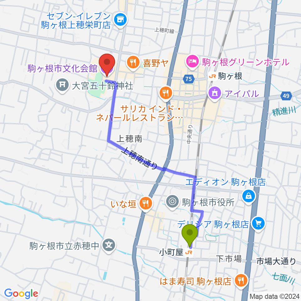 小町屋駅から駒ヶ根市文化会館へのルートマップ地図