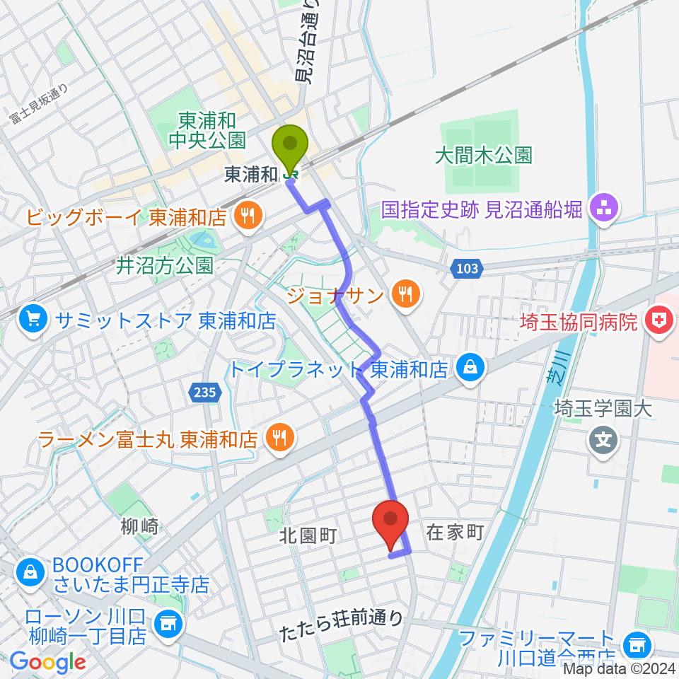 マスカット音楽教室の最寄駅東浦和駅からの徒歩ルート（約18分）地図