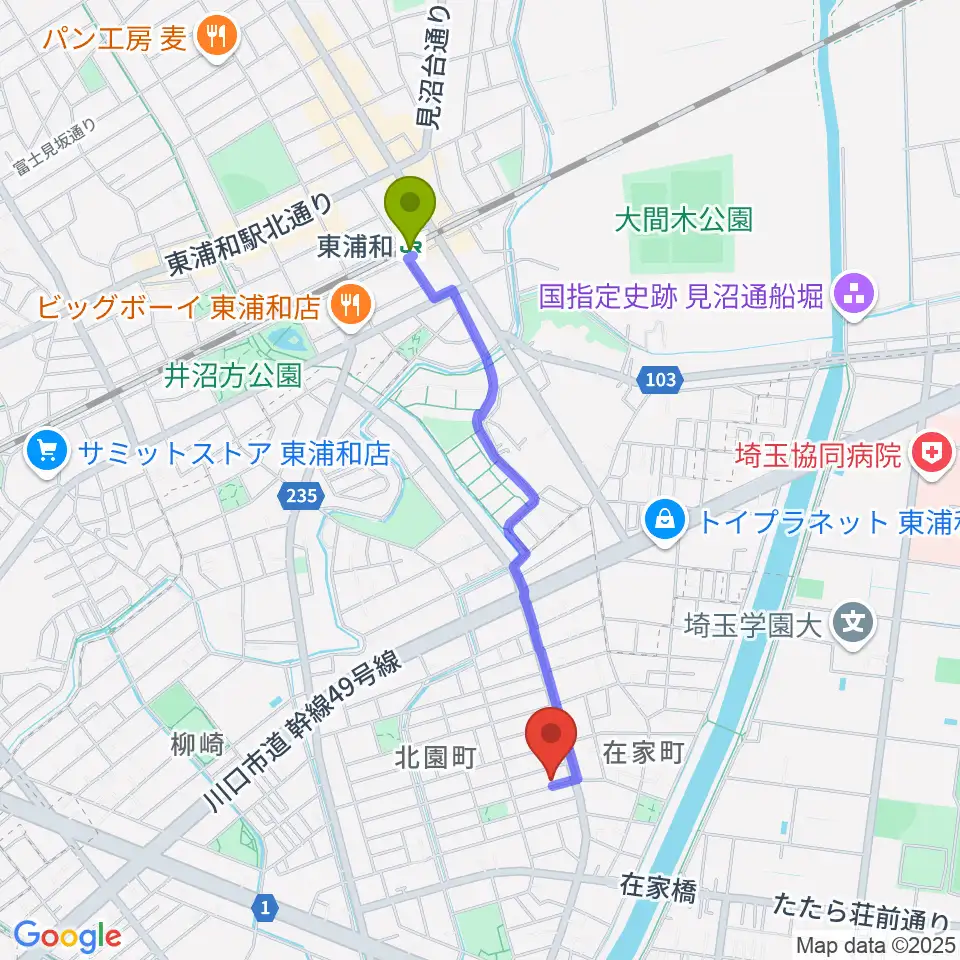 マスカット音楽教室の最寄駅東浦和駅からの徒歩ルート（約18分）地図