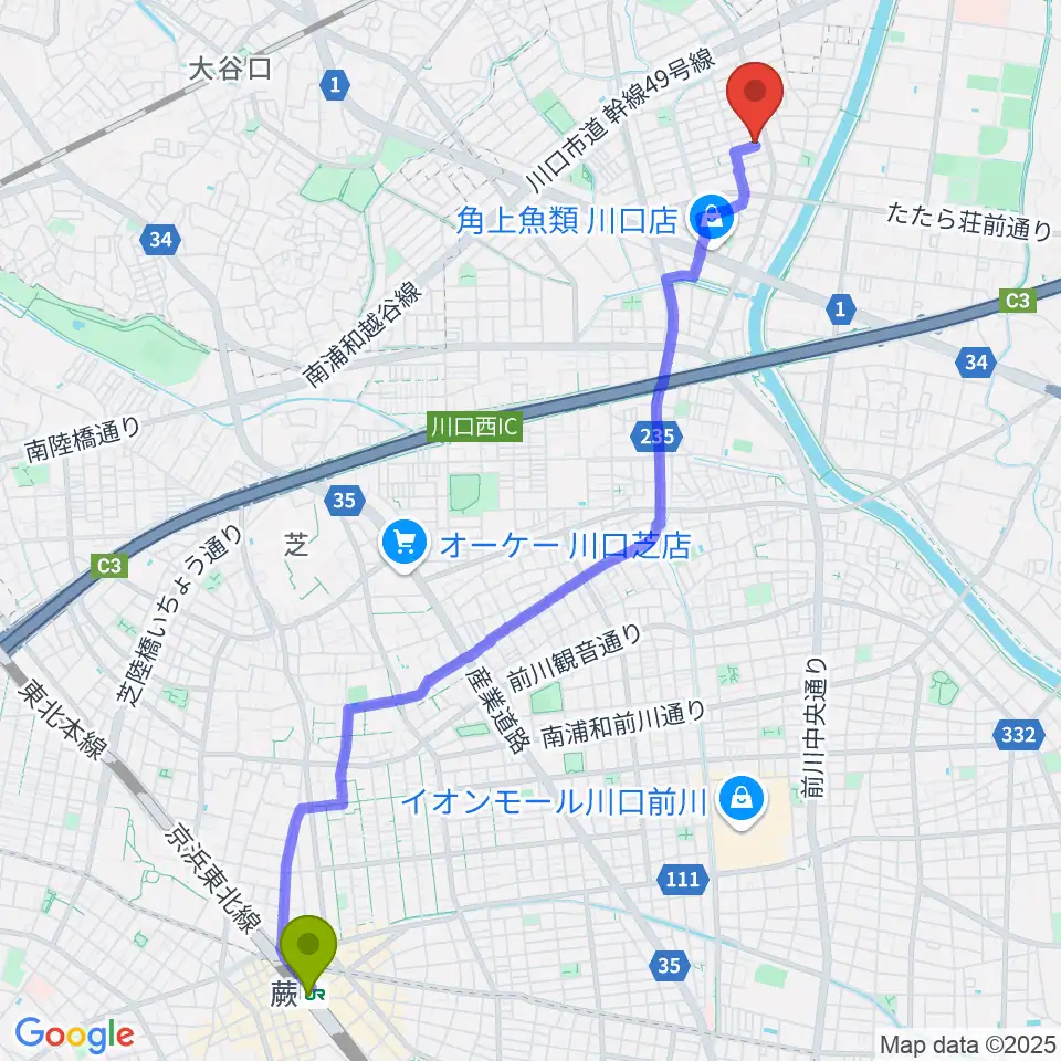 蕨駅からマスカット音楽教室へのルートマップ地図