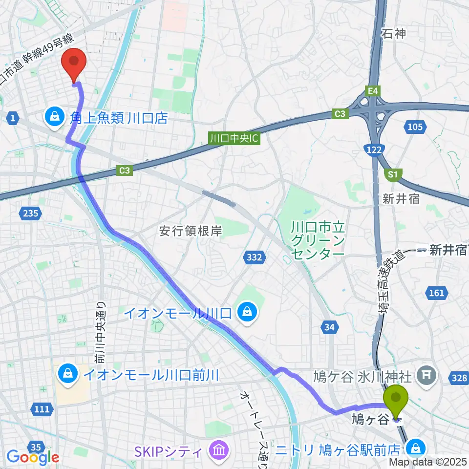 鳩ヶ谷駅からマスカット音楽教室へのルートマップ地図
