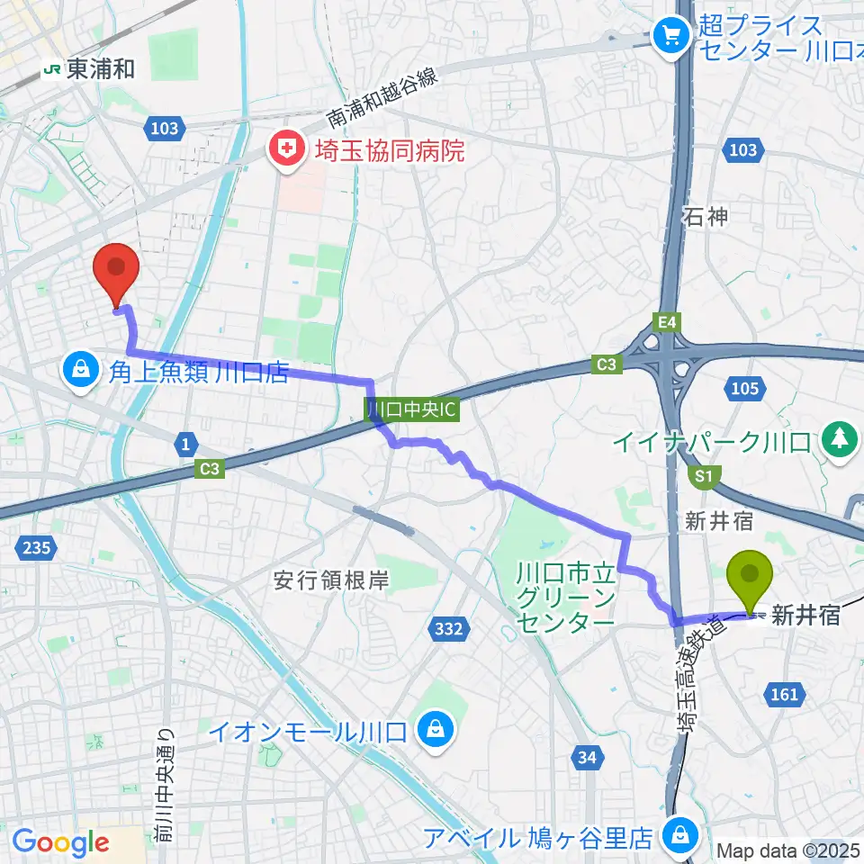 新井宿駅からマスカット音楽教室へのルートマップ地図