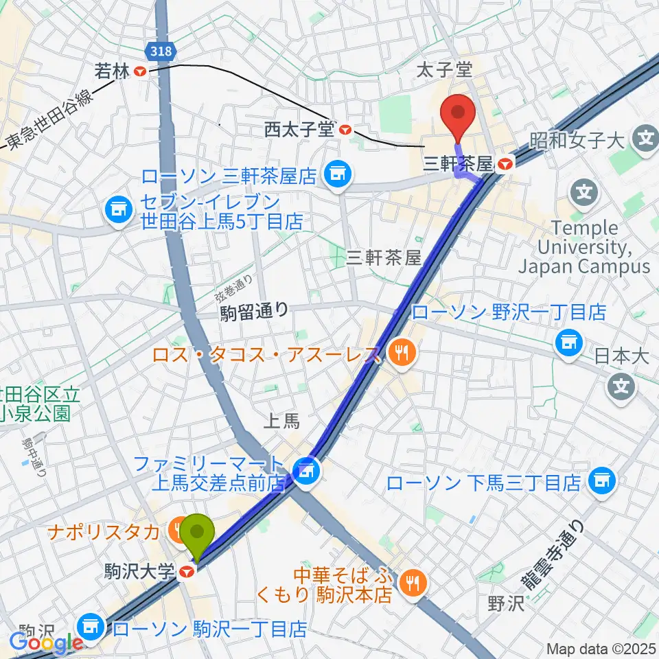駒沢大学駅からサロン・テッセラへのルートマップ地図