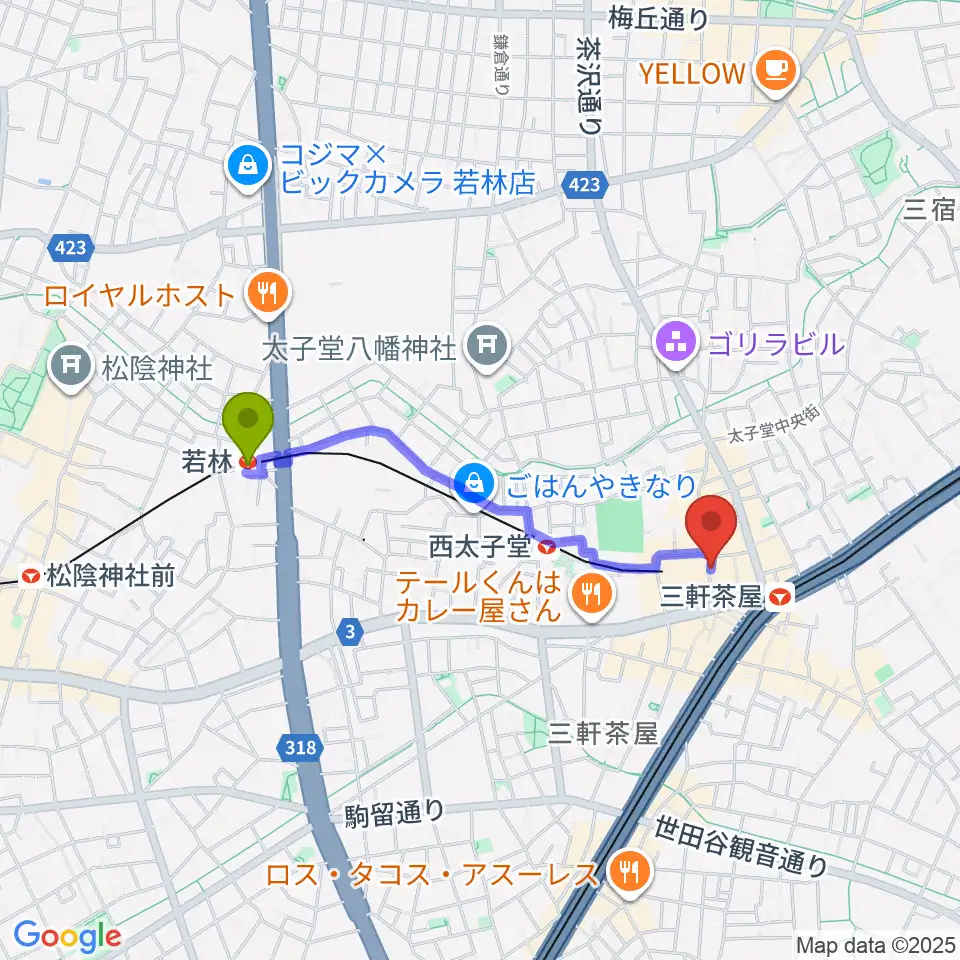 若林駅からサロン・テッセラへのルートマップ地図