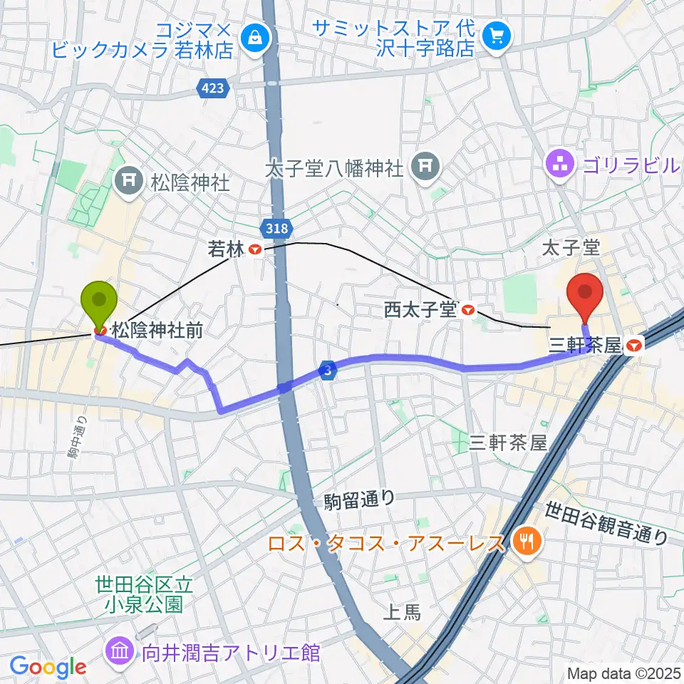 松陰神社前駅からサロン・テッセラへのルートマップ地図