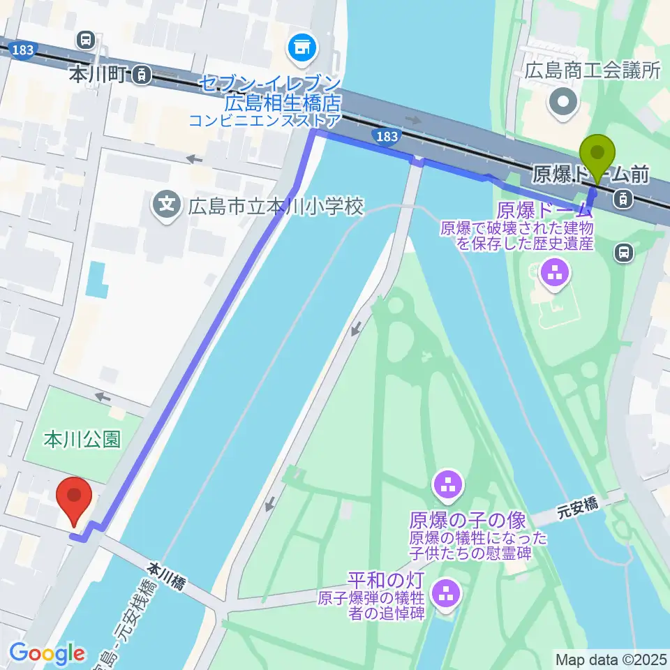 原爆ドーム前駅からGuitar Topへのルートマップ地図
