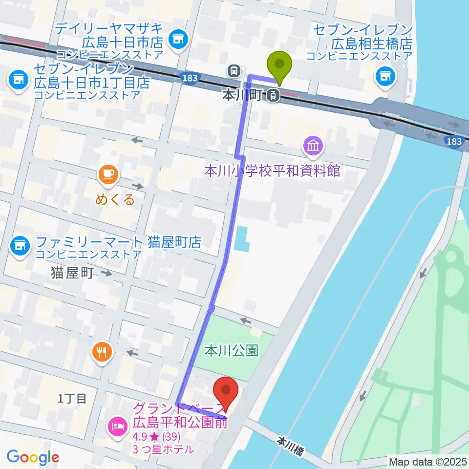 Guitar Topの最寄駅本川町駅からの徒歩ルート（約6分）地図