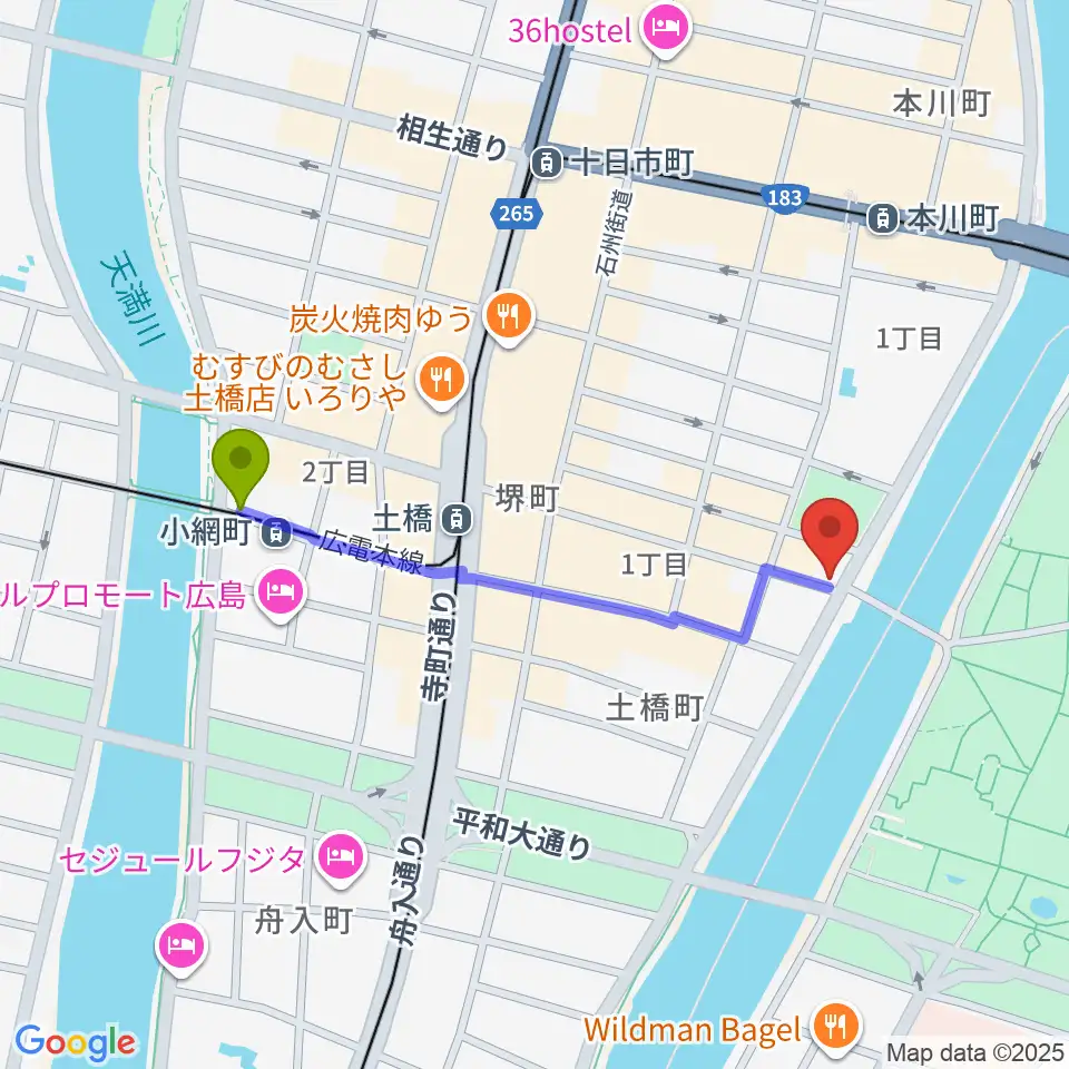 小網町駅からGuitar Topへのルートマップ地図