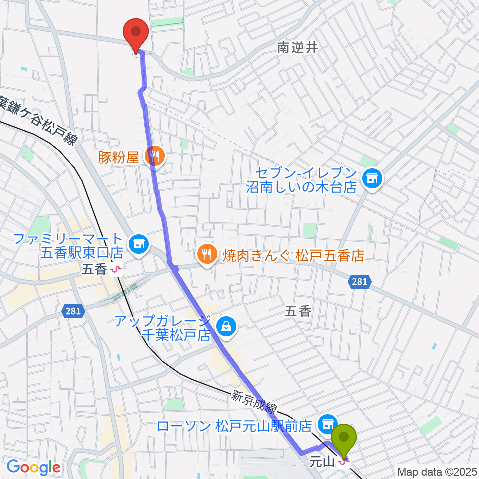 元山駅からフリュ－ゲル・ザールへのルートマップ地図