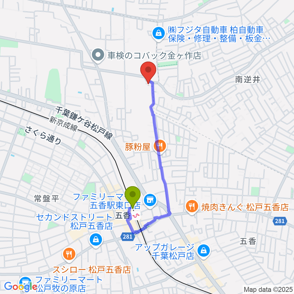 フリュ－ゲル・ザールの最寄駅五香駅からの徒歩ルート（約13分）地図