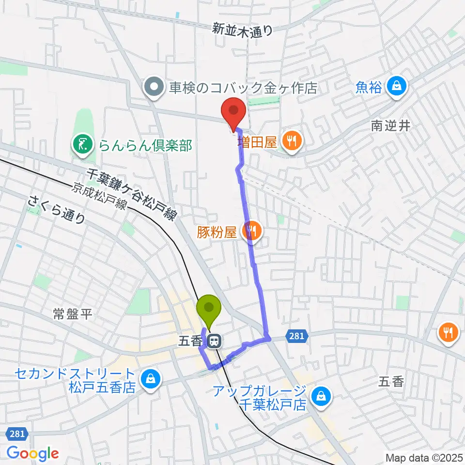 フリュ－ゲル・ザールの最寄駅五香駅からの徒歩ルート（約13分）地図