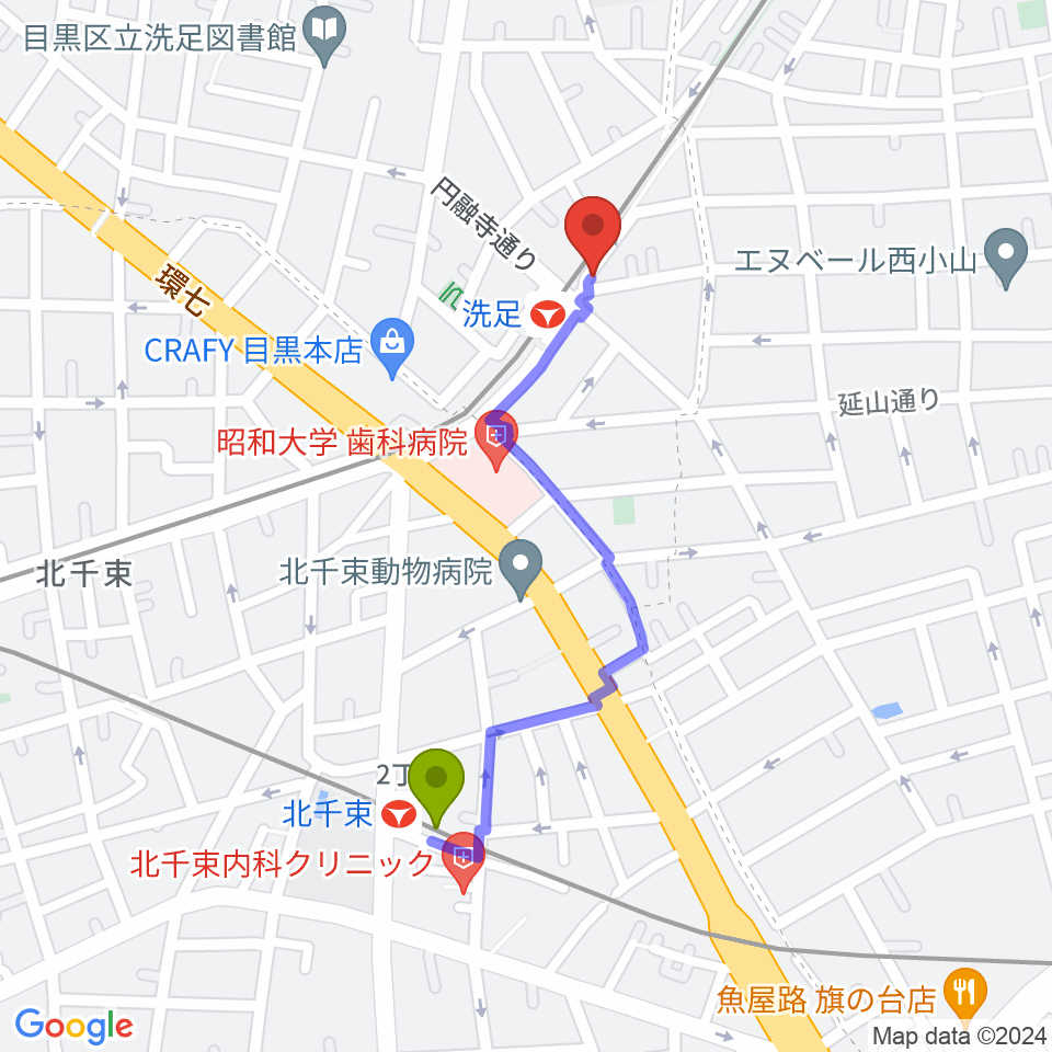 北千束駅からプリモ芸術工房へのルートマップ地図