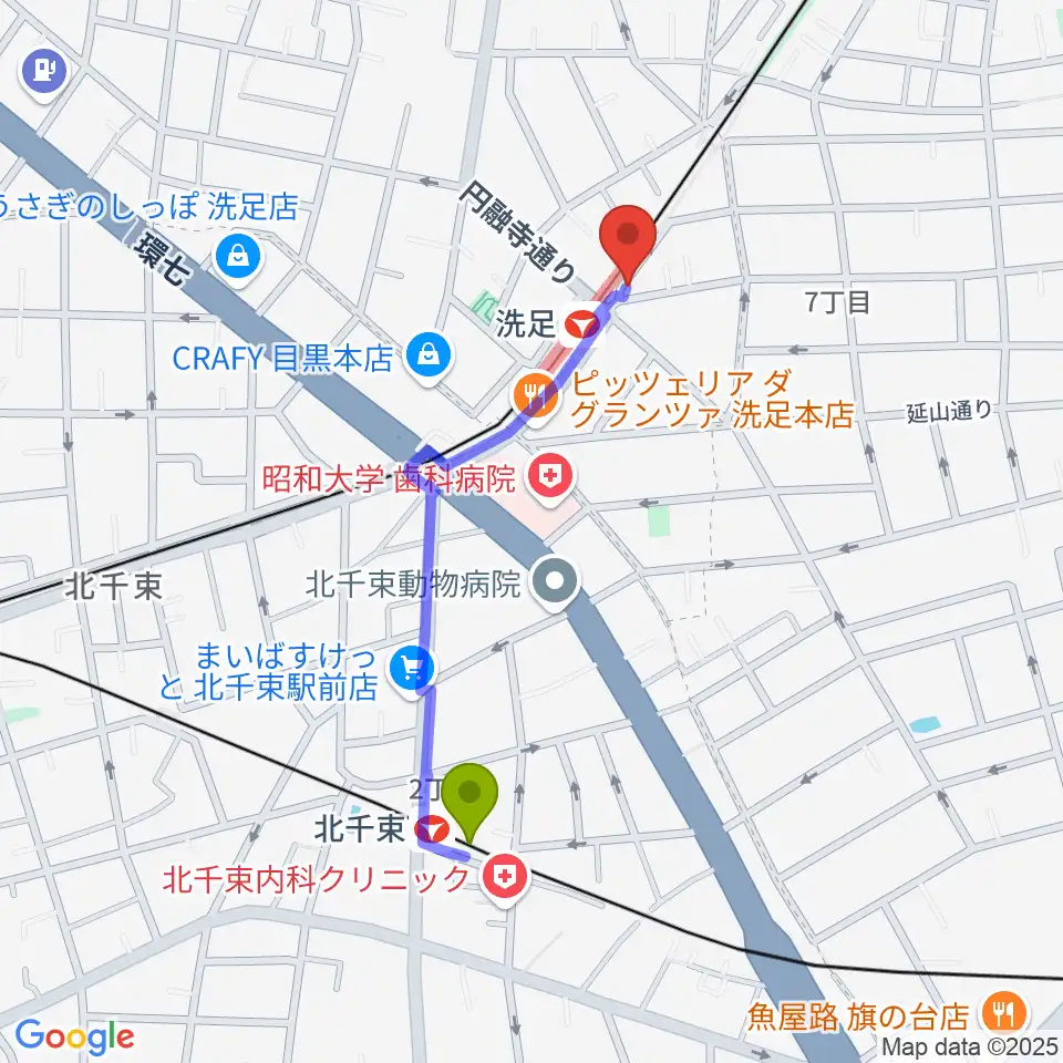 北千束駅からプリモ芸術工房へのルートマップ地図