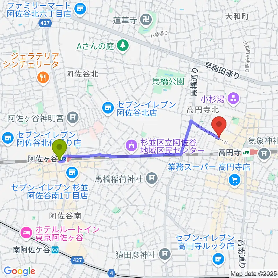 阿佐ケ谷駅から高円寺ShowBoatへのルートマップ地図