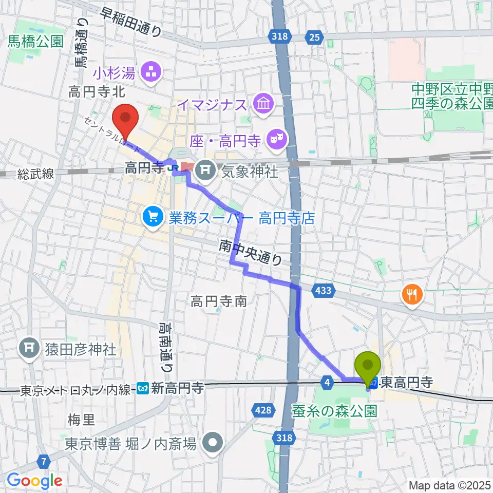 東高円寺駅から高円寺ShowBoatへのルートマップ地図