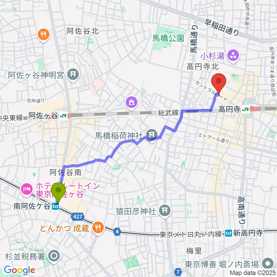 南阿佐ケ谷駅から高円寺ShowBoatへのルートマップ地図