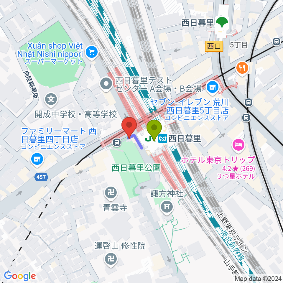 ハート音楽院東京 西日暮里教室の最寄駅西日暮里駅からの徒歩ルート（約1分）地図