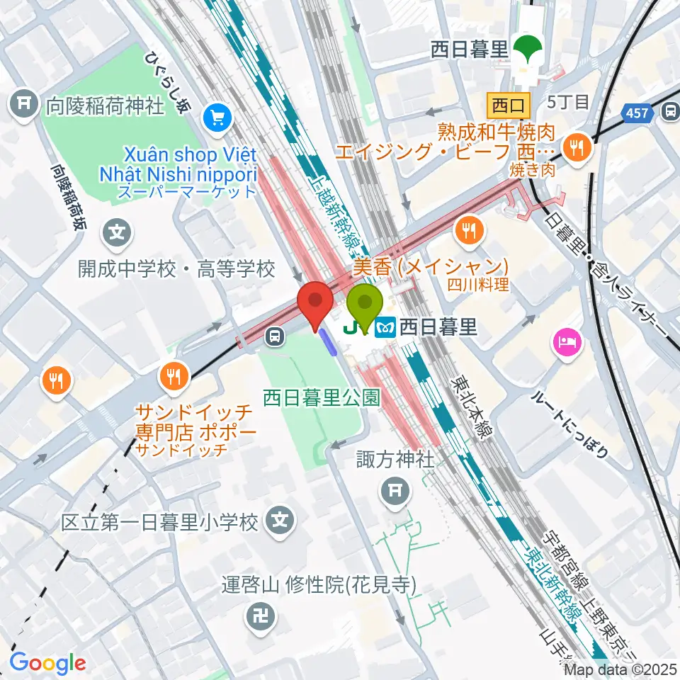 ハート音楽院ギター教室の最寄駅西日暮里駅からの徒歩ルート（約1分）地図