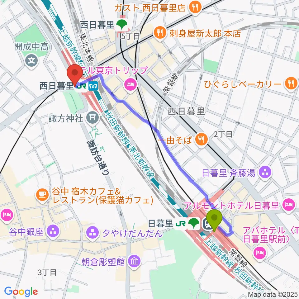 日暮里駅からハート音楽院ギター教室へのルートマップ地図