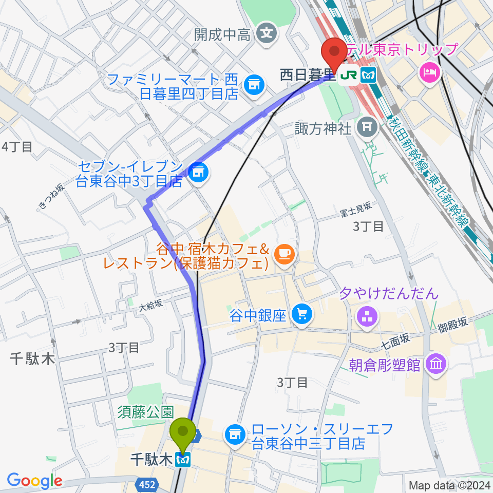 千駄木駅からハート音楽院東京 西日暮里教室へのルートマップ地図