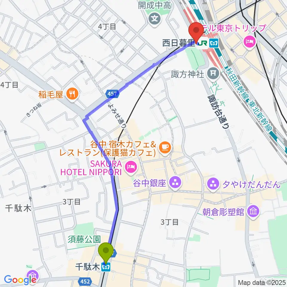 千駄木駅からハート音楽院ギター教室へのルートマップ地図