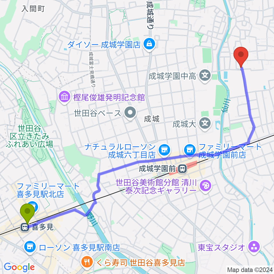 喜多見駅からサローネ・フォンタナへのルートマップ地図