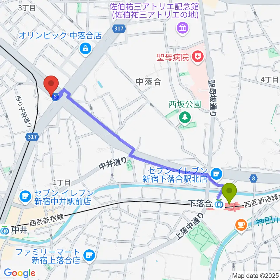 下落合駅からPAPAGENOへのルートマップ地図