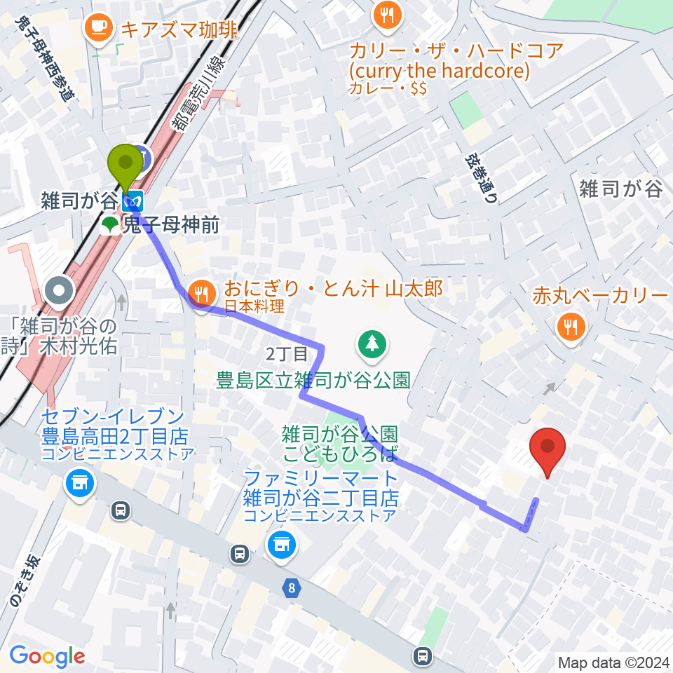 雑司が谷音楽堂の最寄駅雑司が谷駅からの徒歩ルート（約6分）地図