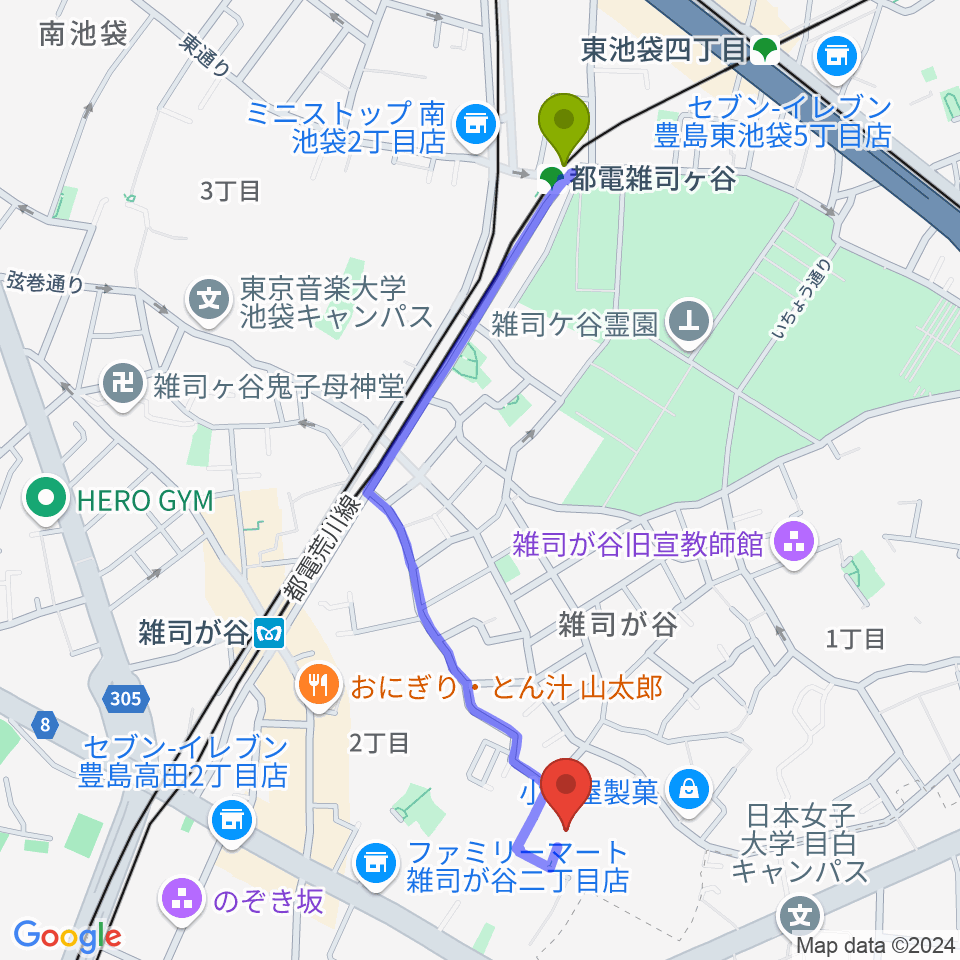 都電雑司ヶ谷駅から雑司が谷音楽堂へのルートマップ地図