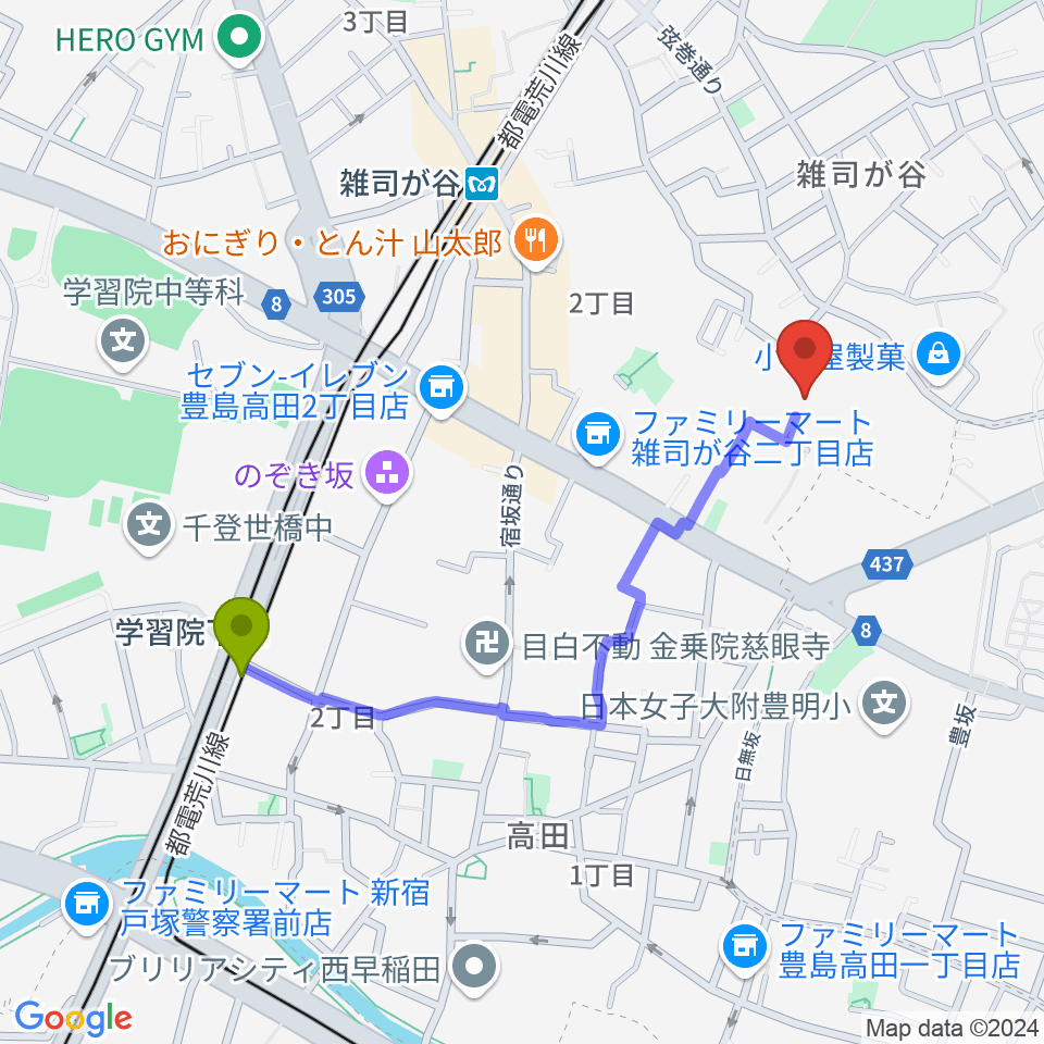 学習院下駅から雑司が谷音楽堂へのルートマップ地図